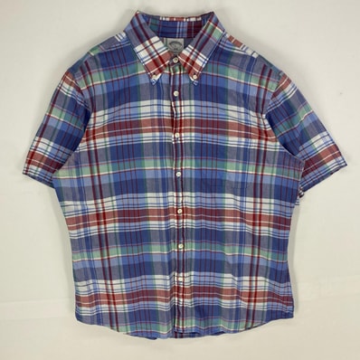 古着 ブルックスブラザーズ Brooks Brothers 半袖シャツ ボタンダウン 胸ポケット 1818 L ブルー系 チェック メンズ
