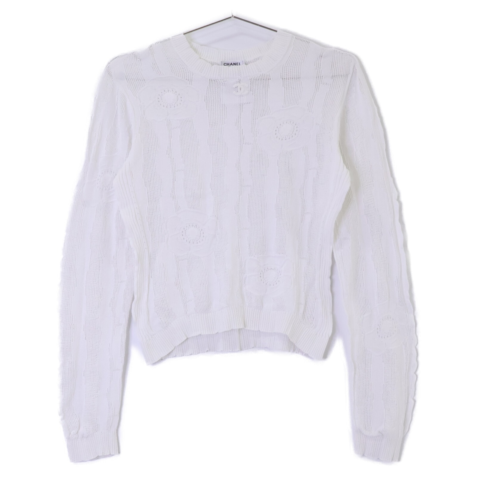 シャネル 【美品/国内正規/23SS】P75097K10772 コットン カメリアモチーフ シアー ニットセーター 34