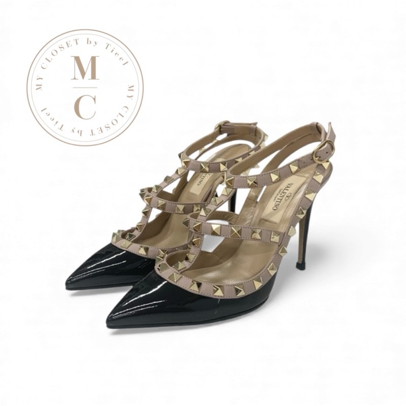ヴァレンティノ VALENTINO パンプス 靴 シューズ パテント レザー ブラック ピンクベージュ ゴールド ゴールド ロックスタッズ ストラップ