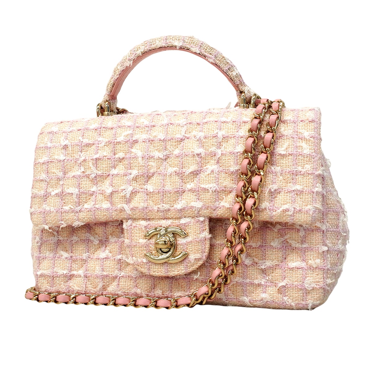 【6ee6415】シャネル ハンドバッグ マトラッセ トップハンドル ツイード ピンク シャンパンゴールド金具 2wayバッグ【中古】レディース