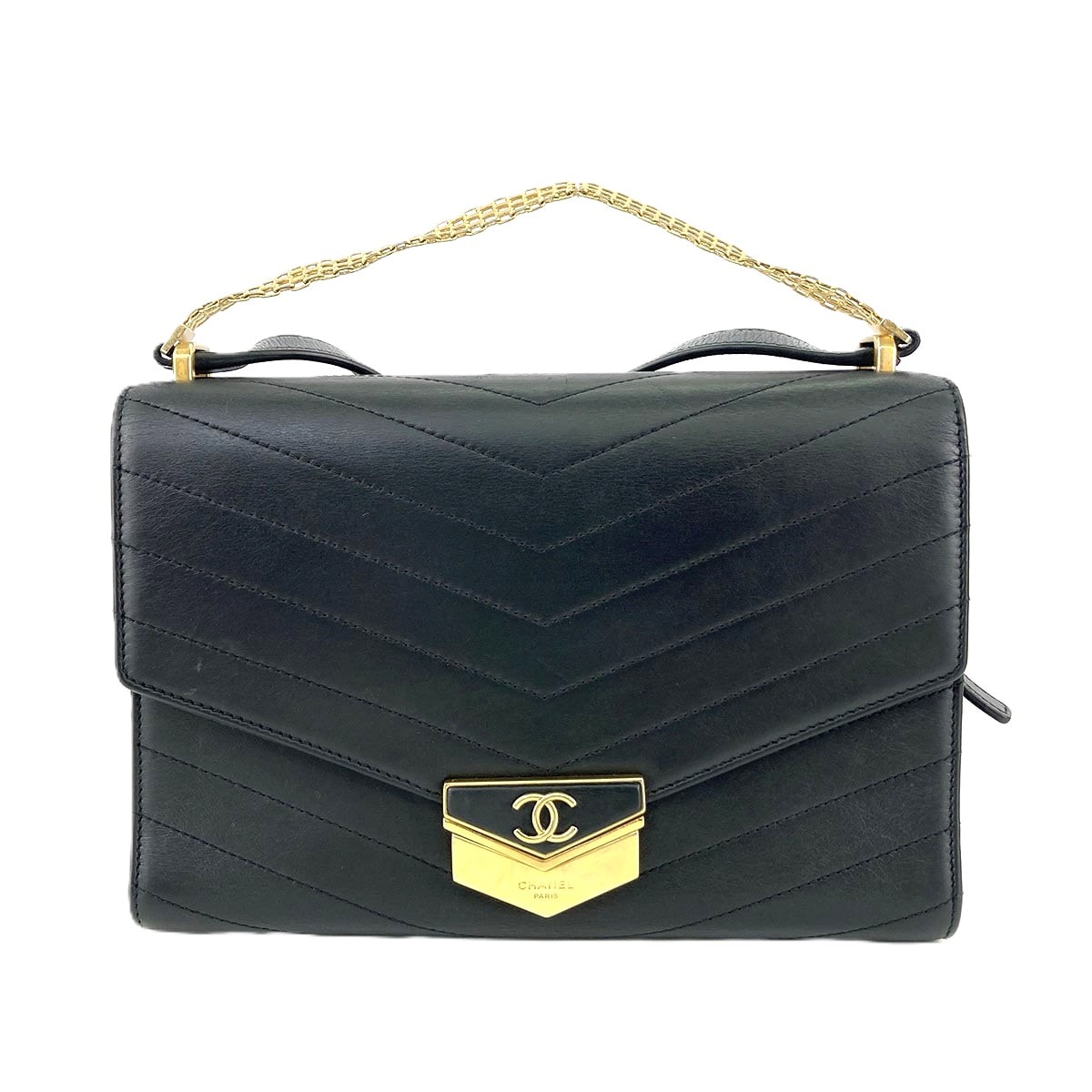 CHANEL シャネル シェブロン メダル フラップ バッグ Vステッチ 2WAYバッグ ショルダーバッグ A57491 レザー ブラック ゴールド金具  レディース【中古】
