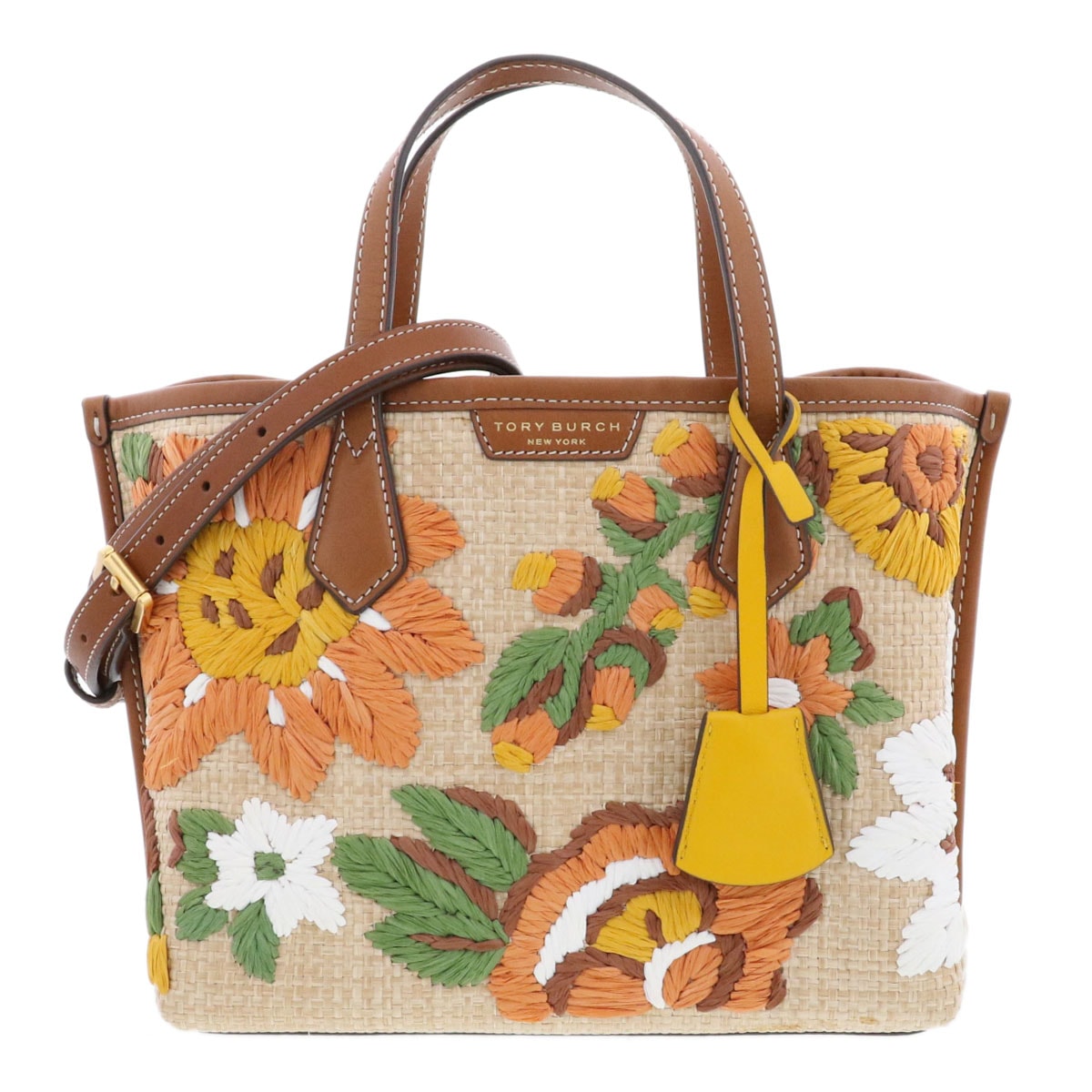 Tory Burch トリーバーチ ペリー ストロー 2WAYハンドバッグ プラスチック カーフ ベージュ ブラウン  レディース【中古】