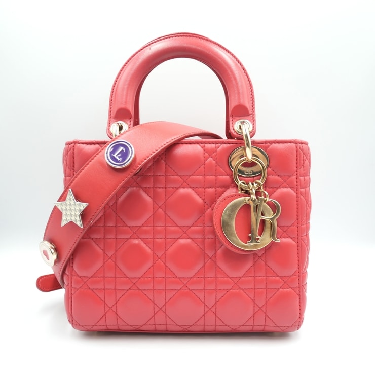 Christian Dior(クリスチャン・ディオール)レディ ディオール My ABCDior スモール ハンドバッグ ショルダーバッグ カナージュ レッド レザー ゴールド金具【中古】