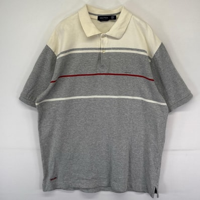 古着 ノーティカ NAUTICA 半袖シャツ ポロシャツ ワンポイント刺繍ロゴ 大きいサイズ 2XL ホワイト系 ボーダー メンズ