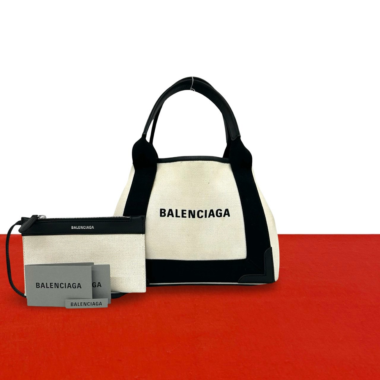 BALENCIAGA バレンシアガ ネイビーカバス XS ロゴ キャンバス レザー ハンドバッグ ブラック
425-8