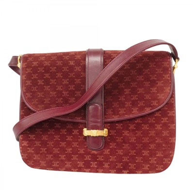 【6dc3466-k】セリーヌ ショルダーバッグ マカダム スウェード ボルドー ゴールド金具【中古】レディース