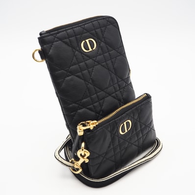 美品 Christian Dior クリスチャンディオール Dior カロ マルチファンクション カナージュ ポーチ ショルダーバッグ S5036UWHC ショルダーバッグ ブラック ホワイト カーフレザー レディース