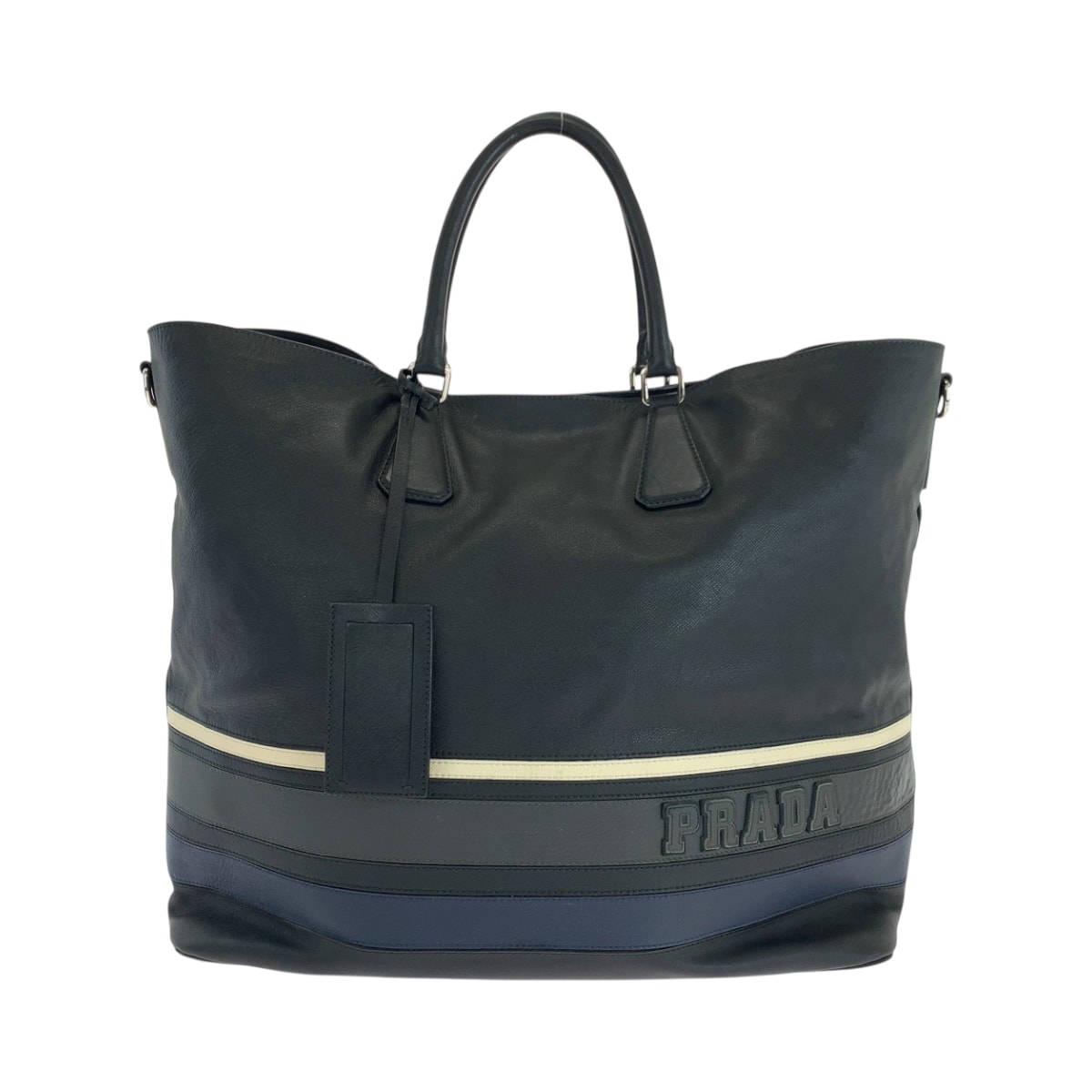 PRADA プラダ サフィアーノ ロゴ ブラック 黒 ホワイト シルバー金具 レザー トートバッグ ハンドバッグ 503515 【中古】