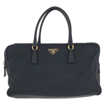美品 PRADA プラダ テスート サフィアーノ 三角ロゴプレート ブラック 黒 ゴールド金具 ナイロン レザー/ ハンドバッグ トートバッグ 601924 【中古】