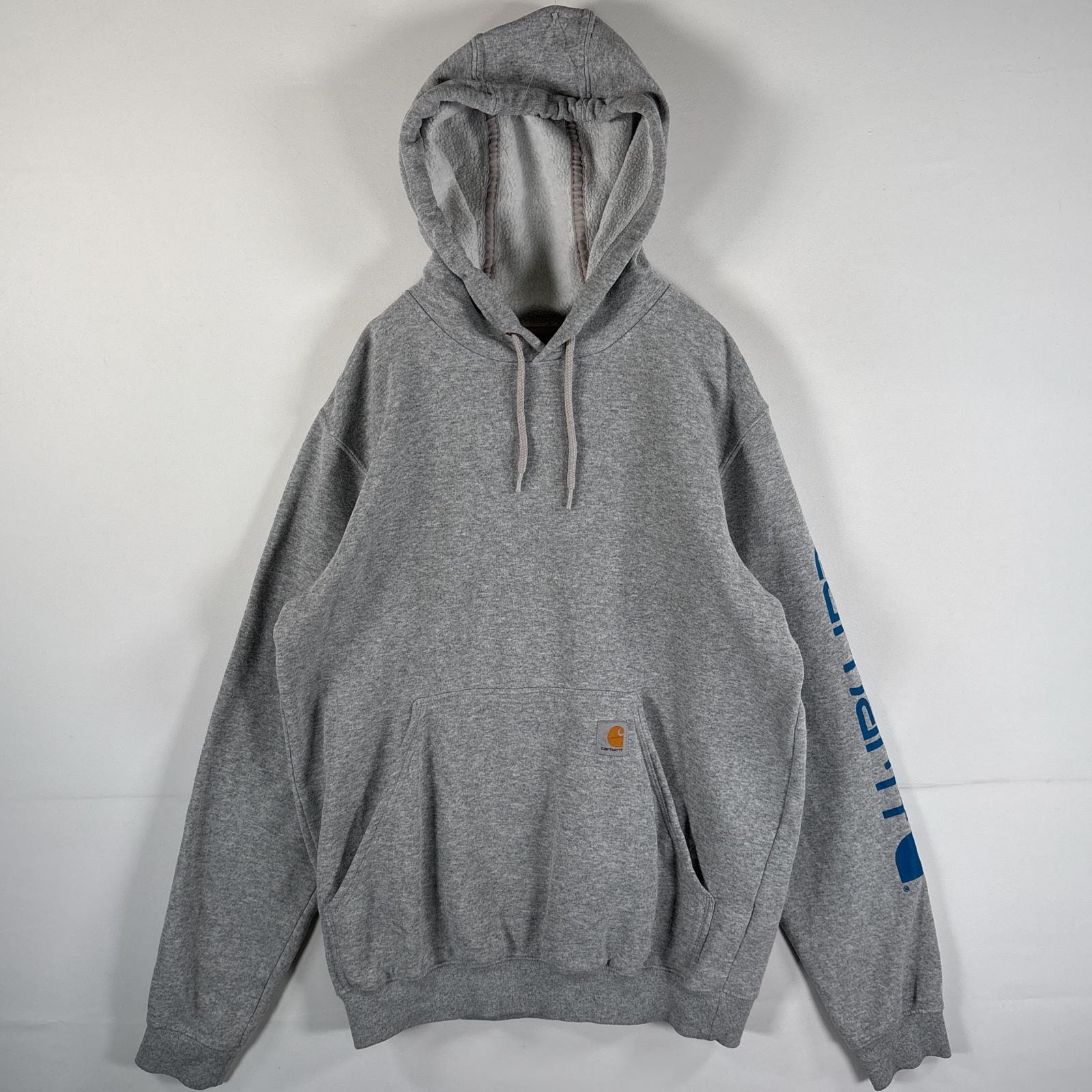 古着 カーハート Carhartt パーカー ワンポイントロゴ 袖プリント マフポケット フーディー フード紐 S グレー メンズ