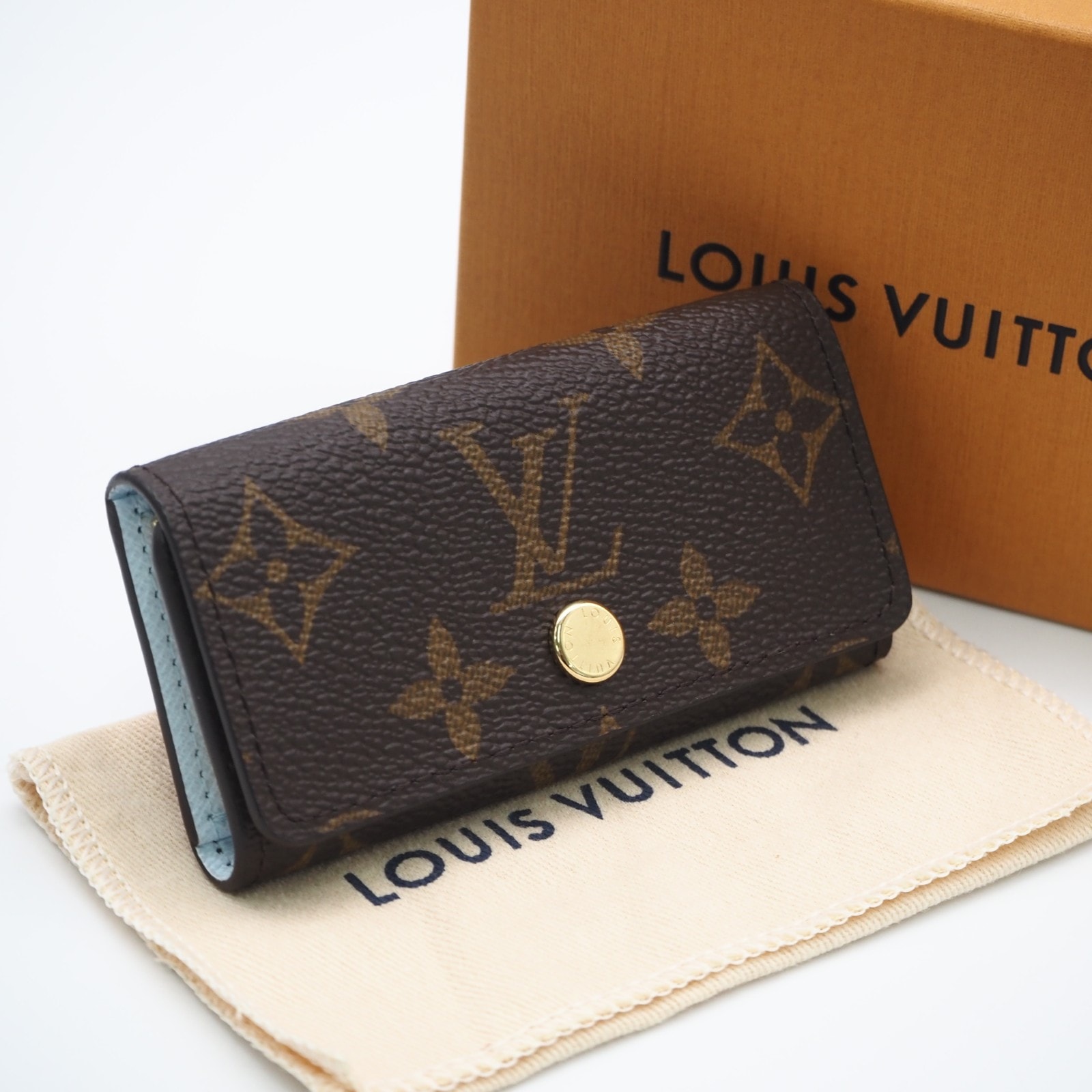 未使用 LOUIS VUITTON ルイ・ヴィトン モノグラム ミュルティクレ4 ブルーシエル M28302 キーケース ブラウン ベージュ ブルー コーティングキャンバス レザー レディース