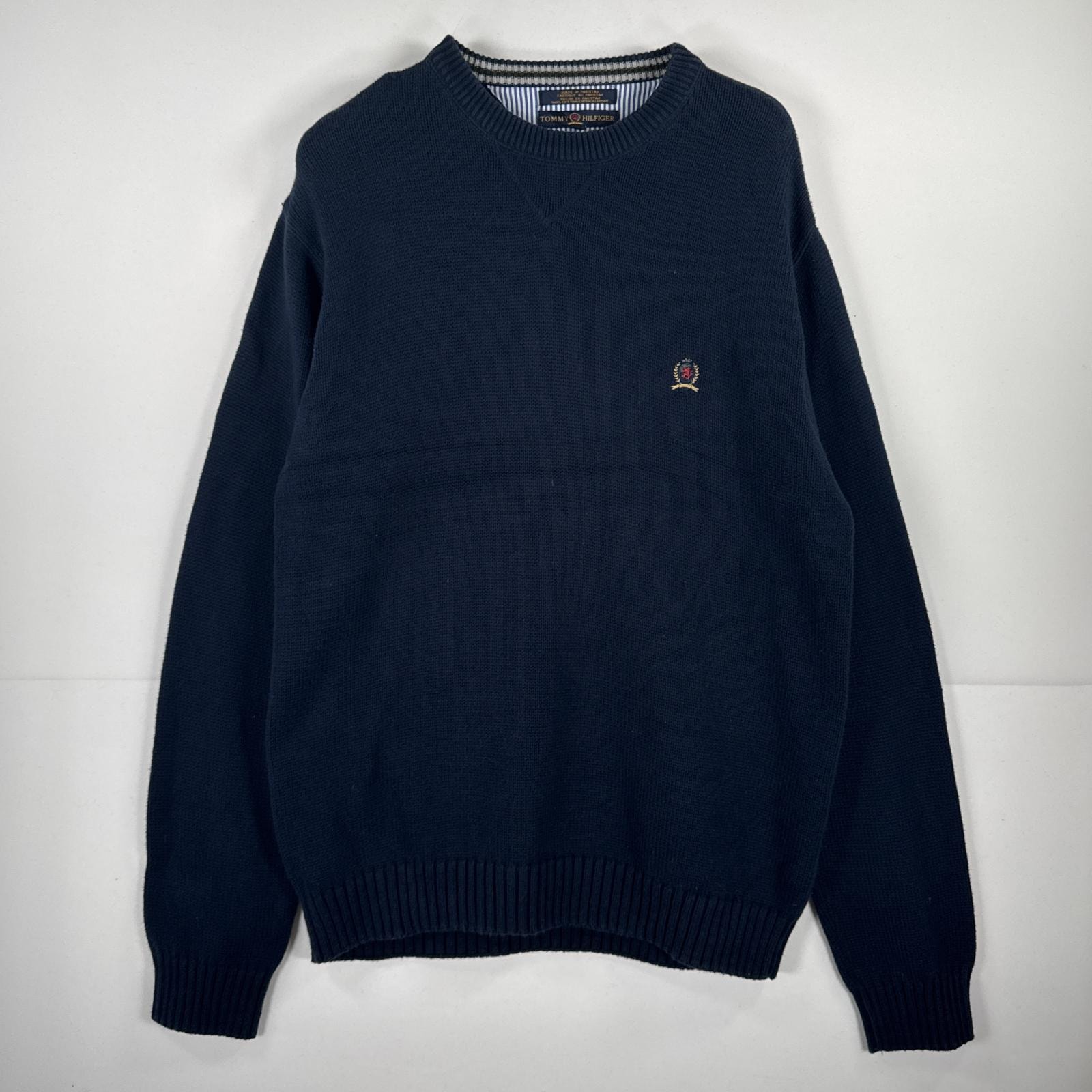 古着 トミーヒルフィガー TOMMY HILFIGER 長袖 ニット クルーネック セーター ワンポイント 刺繍 コットン L  ネイビー 無地 メンズ