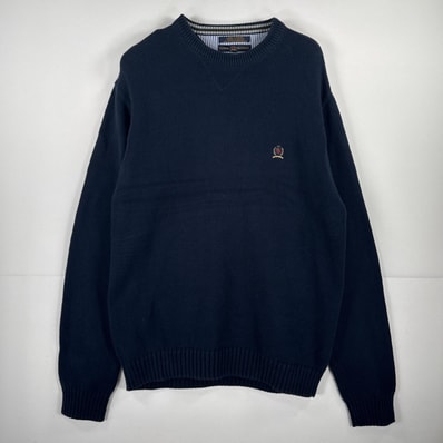 古着 トミーヒルフィガー TOMMY HILFIGER 長袖 ニット クルーネック セーター ワンポイント 刺繍 コットン L ネイビー 無地 メンズ