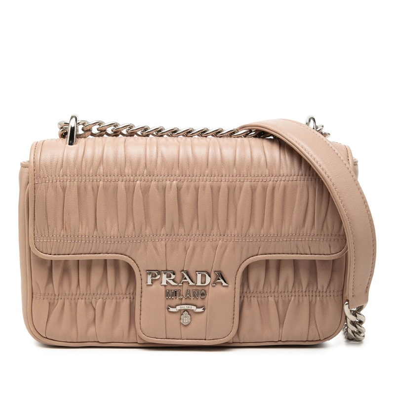 プラダ ロゴ チェーン ショルダーバッグ 1BD140 ベージュ レザー レディース PRADA 中古