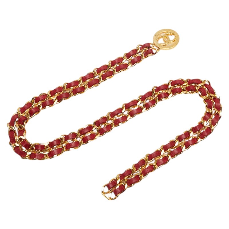 シャネル ココマーク ベルト ダブルチェーン ゴールド レッド メッキ レザー レディース CHANEL 【中古】