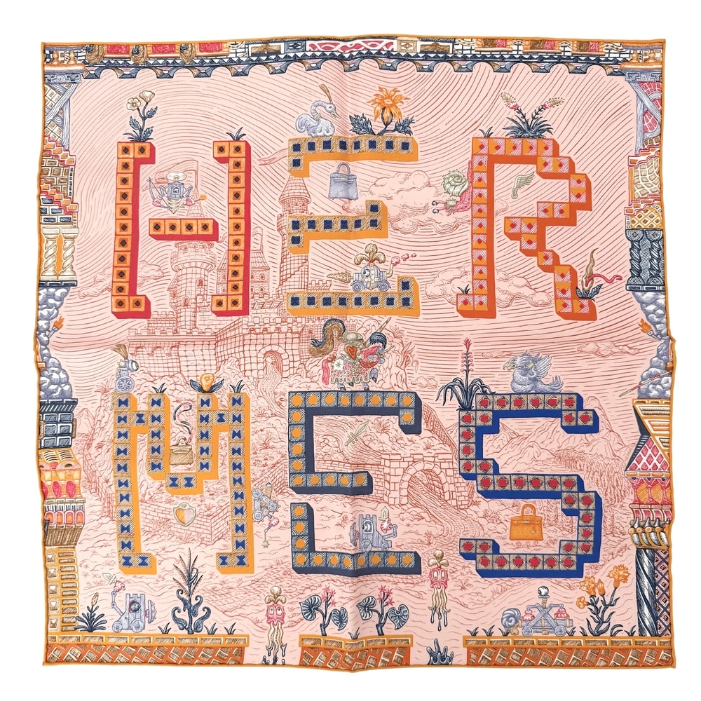 HERMES エルメス スカーフ スーパーシルククエスト ガヴロッシュ カレ45 ファッションアイテム Super Silk Quest シルク ピンク オレンジ レディース 美品【中古品】