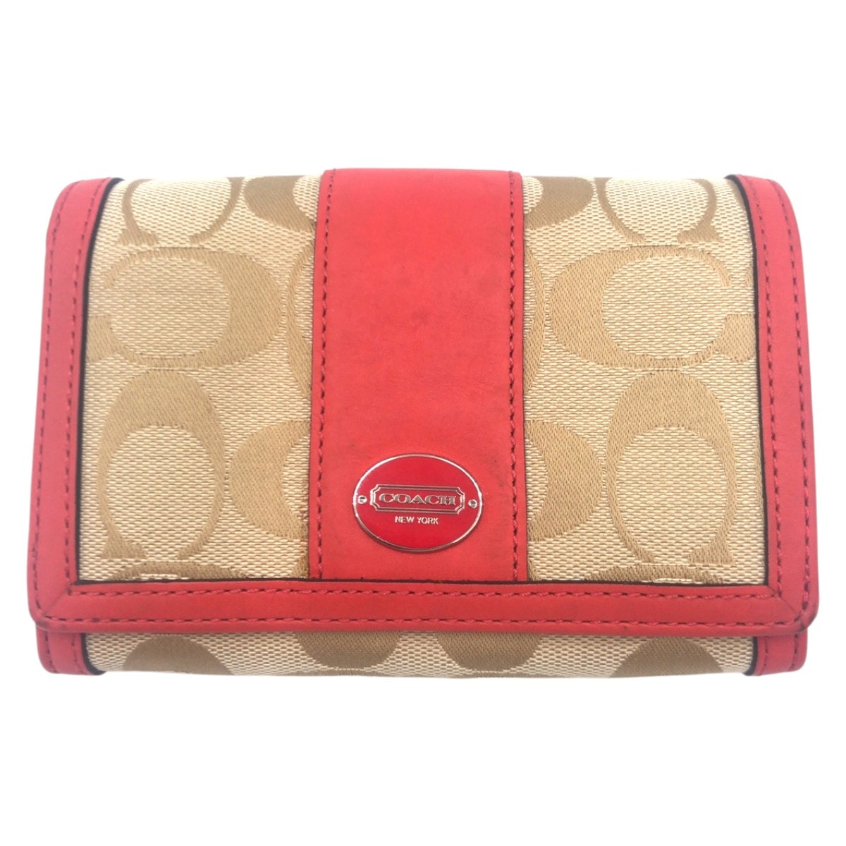 美品 COACH コーチ シグネチャー ベージュ ピンク キャンバス レザー/ 二つ折り財布 折り財布 コンパクトウォレット 600281 【中古】