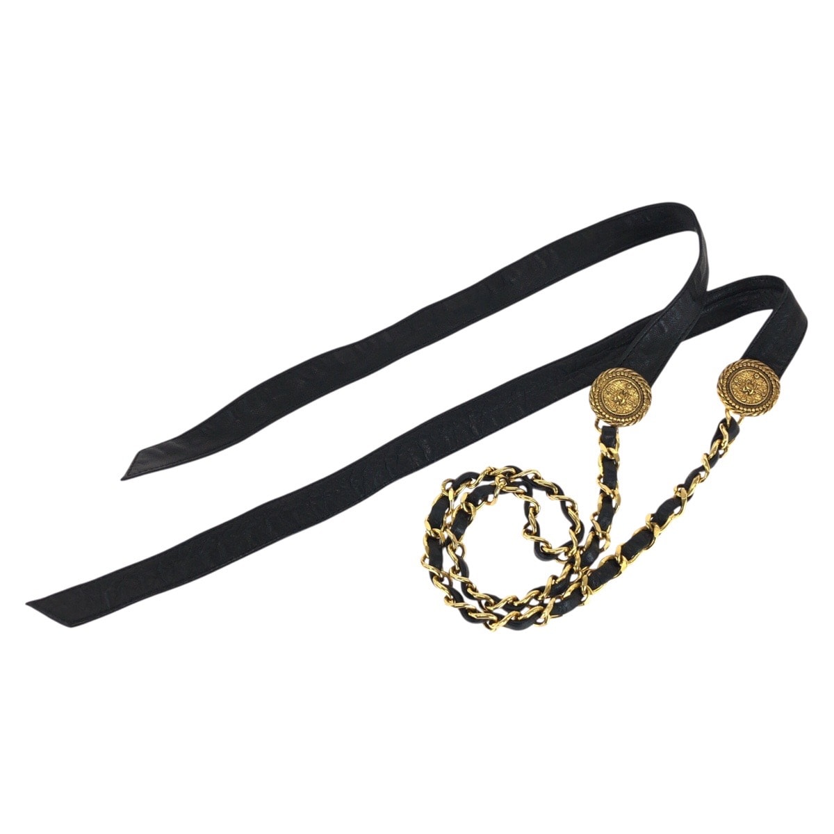 シャネル リボン&チェーンベルト ココマーク ベルト ブラック レザー メッキ レディース CHANEL 中古