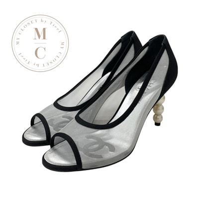 シャネル CHANEL パンプス 靴 シューズ メッシュ ファブリック ブラック シルバー ココマーク パール