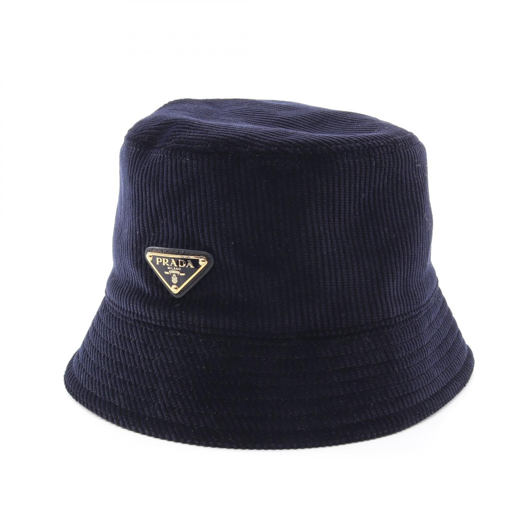 プラダ PRADA 三角プレート コーデュロイ バケット ハット 帽子 コットン レディース ネイビー系 【中古】
