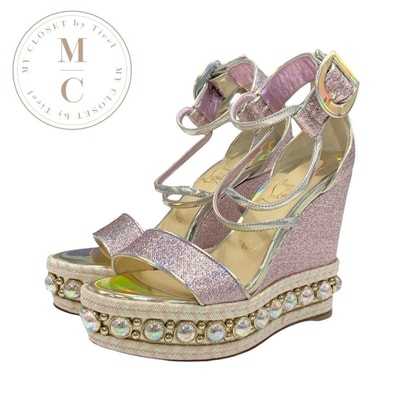 クリスチャンルブタン Christian Louboutin サンダル 靴 シューズ ファブリック レザー ピンク シルバー オーロラ ラメ 丸スタッズ ウェッジソール