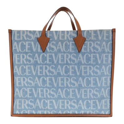 美品 VERSACE ヴェルサーチ オールオーバー デニム ブルー ブラウン キャンバス トートバッグ ハンドバッグ 505320 【中古】