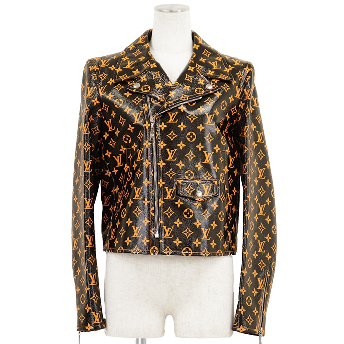 【新品同様】LOUIS VUITTON ルイ・ヴィトン ダブルライダースジャケット サイズ 38 レディース ロゴ LV モノグラム コーティング加工 レザー アウター ブラック オレンジ 黒 総柄 イタリア製