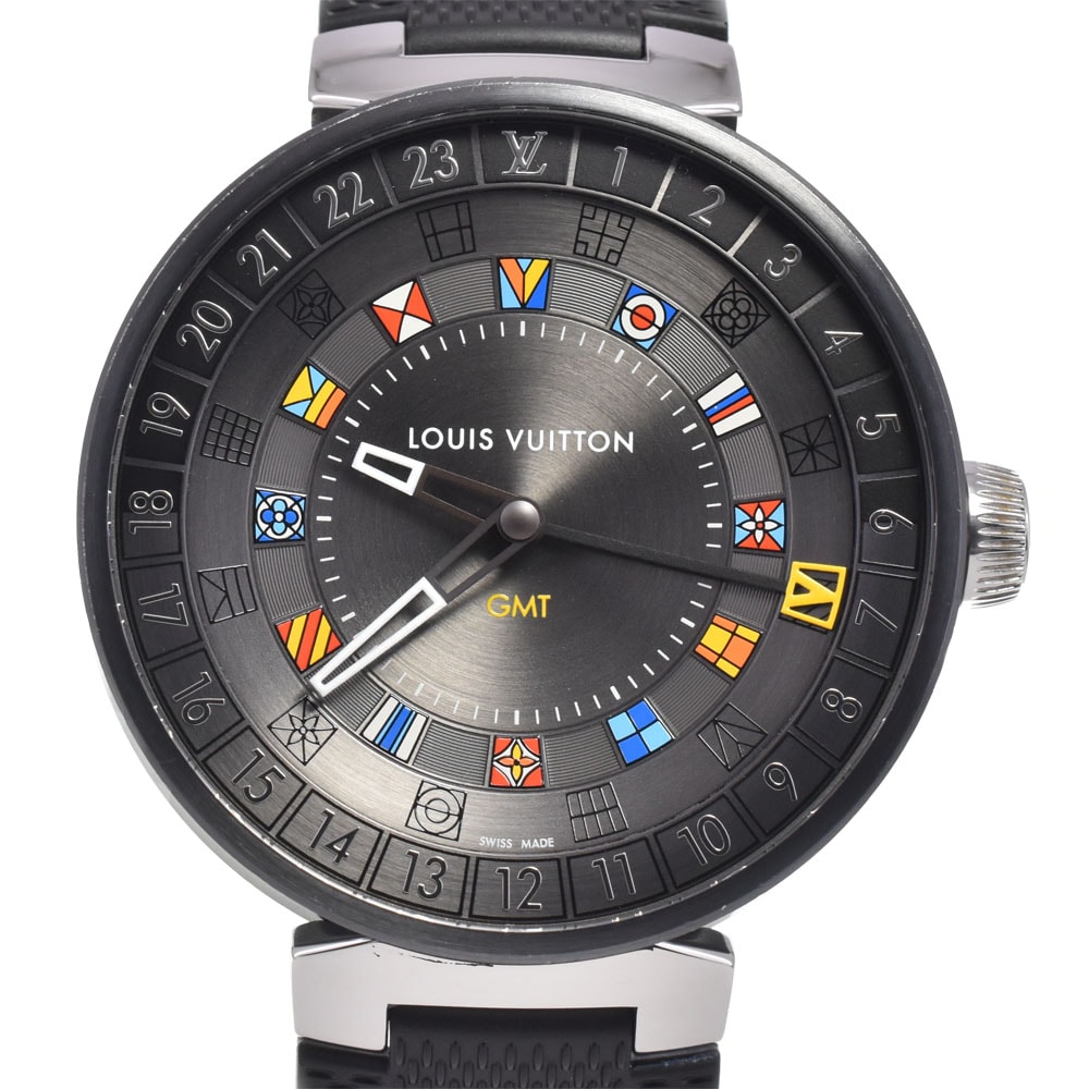 ルイ・ヴィトン LOUIS VUITTON QA097 タンブール ムーン デュアルタイム GMT グレー クォーツ メンズ 良品 箱付き 腕時計 H#147781