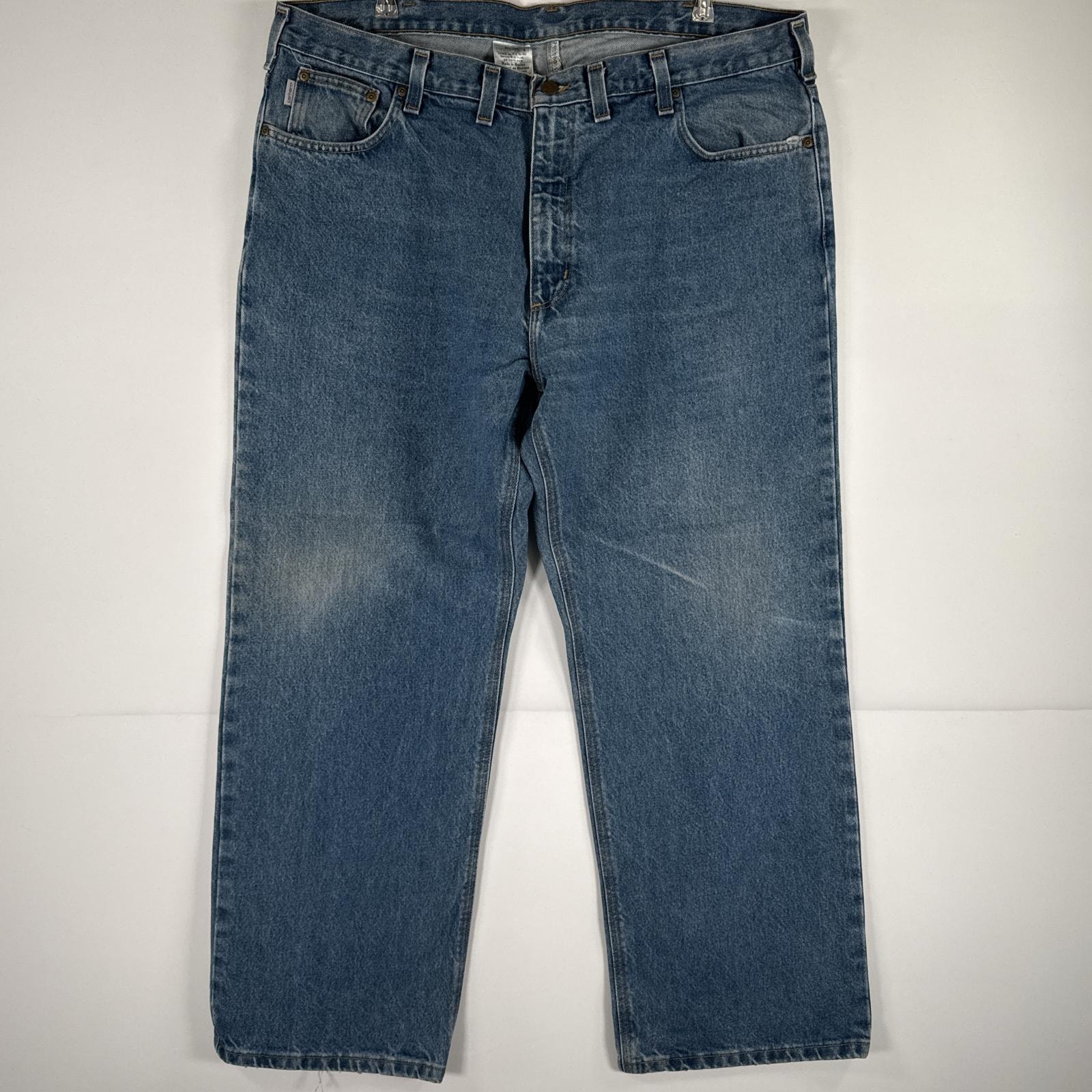 古着 カーハート Carhartt デニムパンツ ジーパン 5ポケット ワンポイント ロゴ ワークパンツ テーパード 大きいサイズ w44 L30  ブルー メンズ