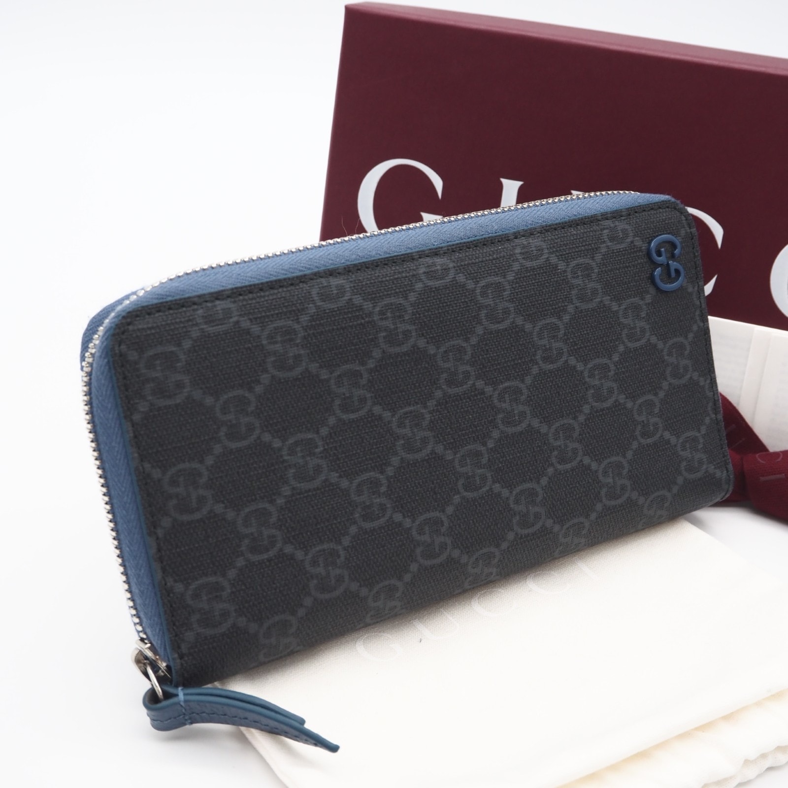極美品 GUCCI グッチ GGスプリーム ジップアラウンドウォレット ブルー インテリア 822051 長財布 グレー ブルー コーティングキャンバス レザー メンズ
