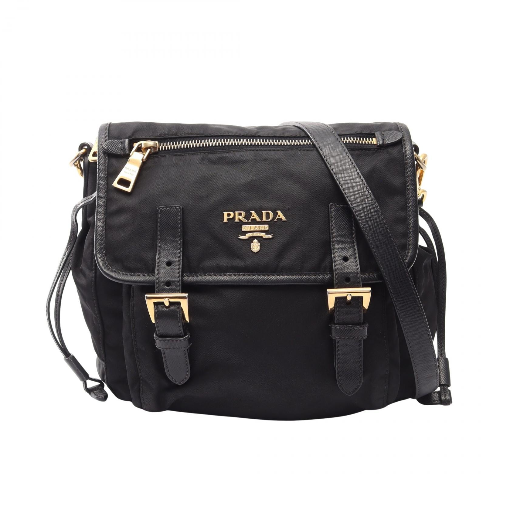 プラダ PRADA ロゴ ショルダーバッグ バッグ ナイロン サフィアーノレザー レディース ブラック系 【中古】