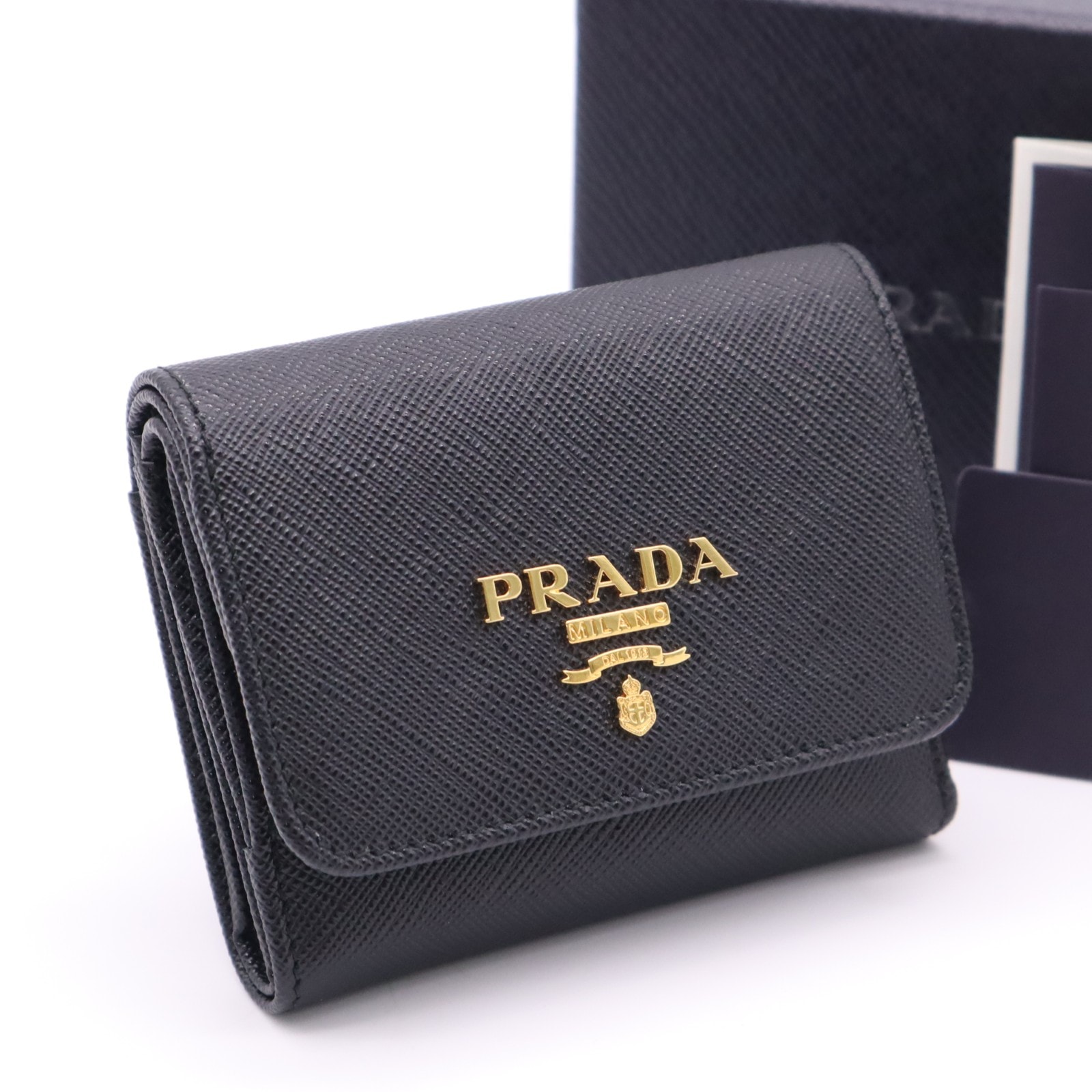 極美品 PRADA プラダ サフィアーノ メタルロゴ コンパクトウォレット  1MH043  三つ折り財布 ブラック バイオレット レザー レディース