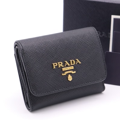 極美品 PRADA プラダ サフィアーノ メタルロゴ コンパクトウォレット 1MH043 三つ折り財布 ブラック バイオレット レザー レディース