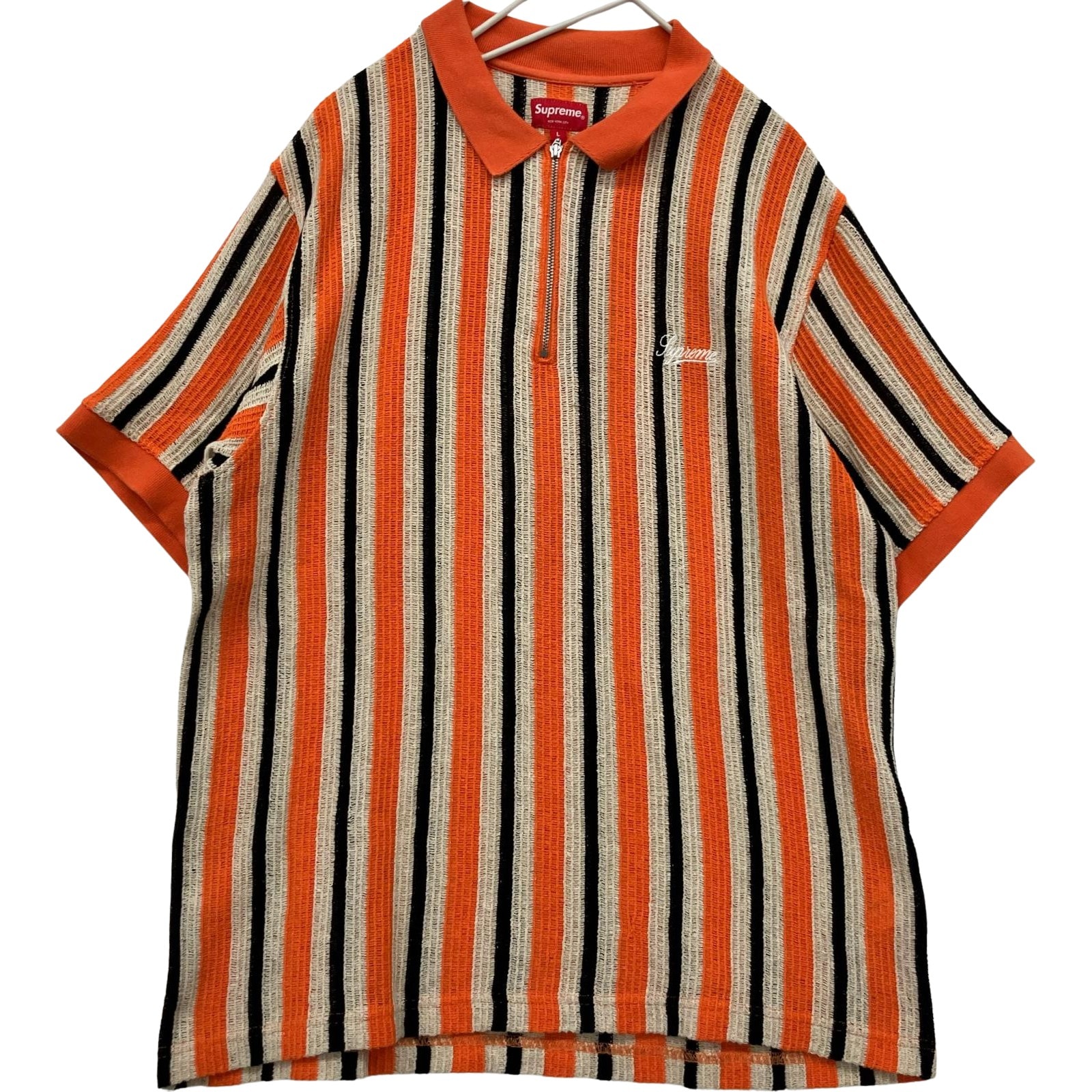Supreme シュプリーム 2022SS open knit stripe zip polo Lサイズ RN101837 オレンジ×ブラック