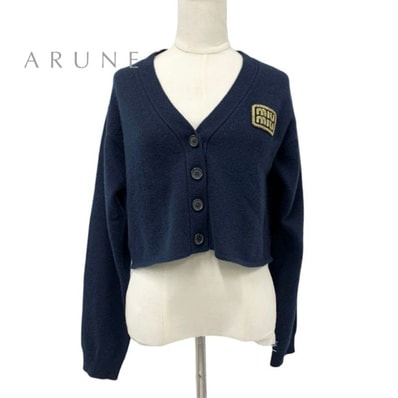 ミュウミュウ MIUMIU トップス カシミヤ ネイビー ゴールド クロップド ロゴ ニット カーディガン