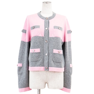 【未使用】 シャネル 2025AW カーディガン カメリア アイコン マトラッセ No.5 リボン ハート バイカラー ニット レディース ピンク グレー 42 CHANEL