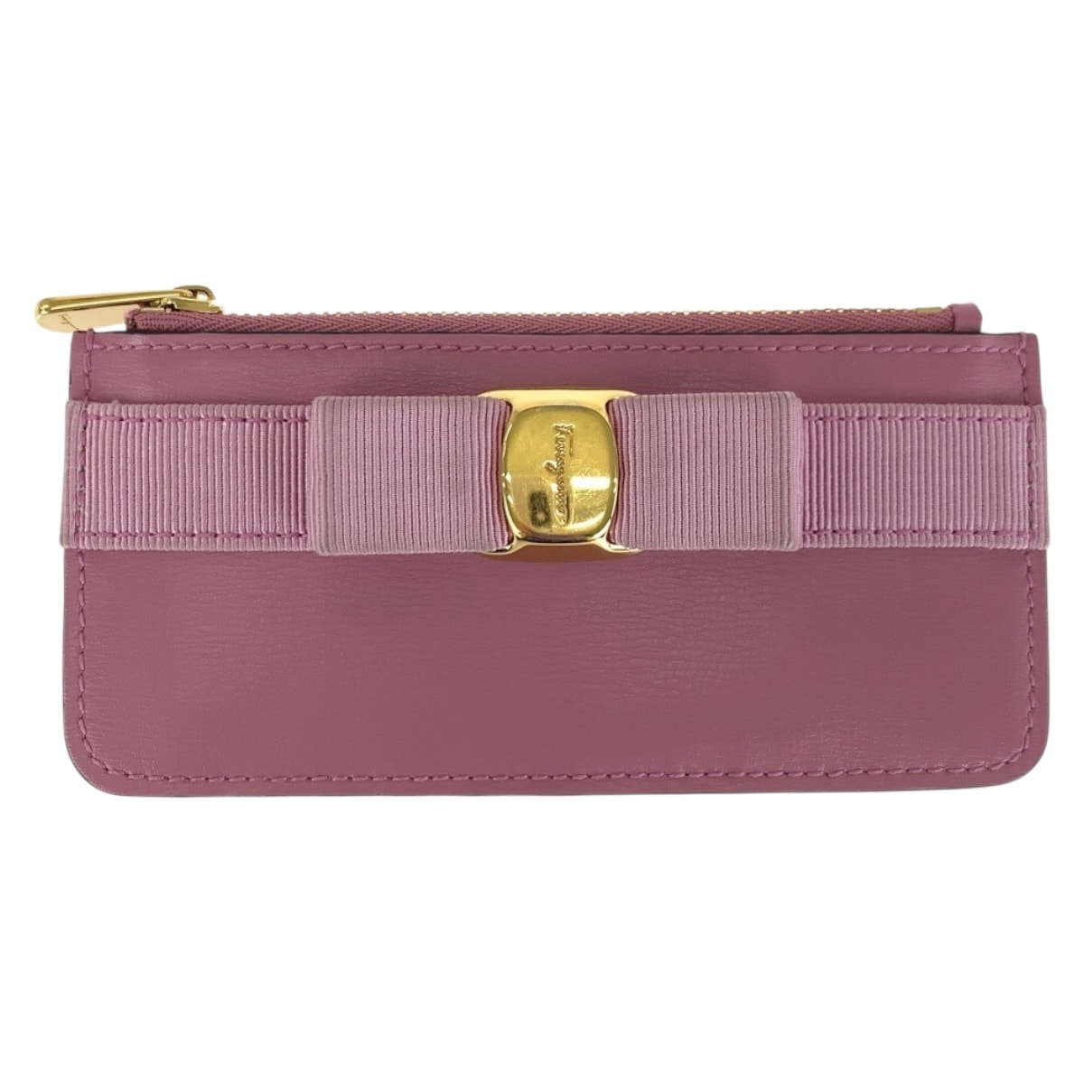 美品 Salvatore Ferragamo サルヴァトーレフェラガモ ヴィラリボン ピンク ゴールド金具 レザー コインケース フラグメントケース 505202 【中古】