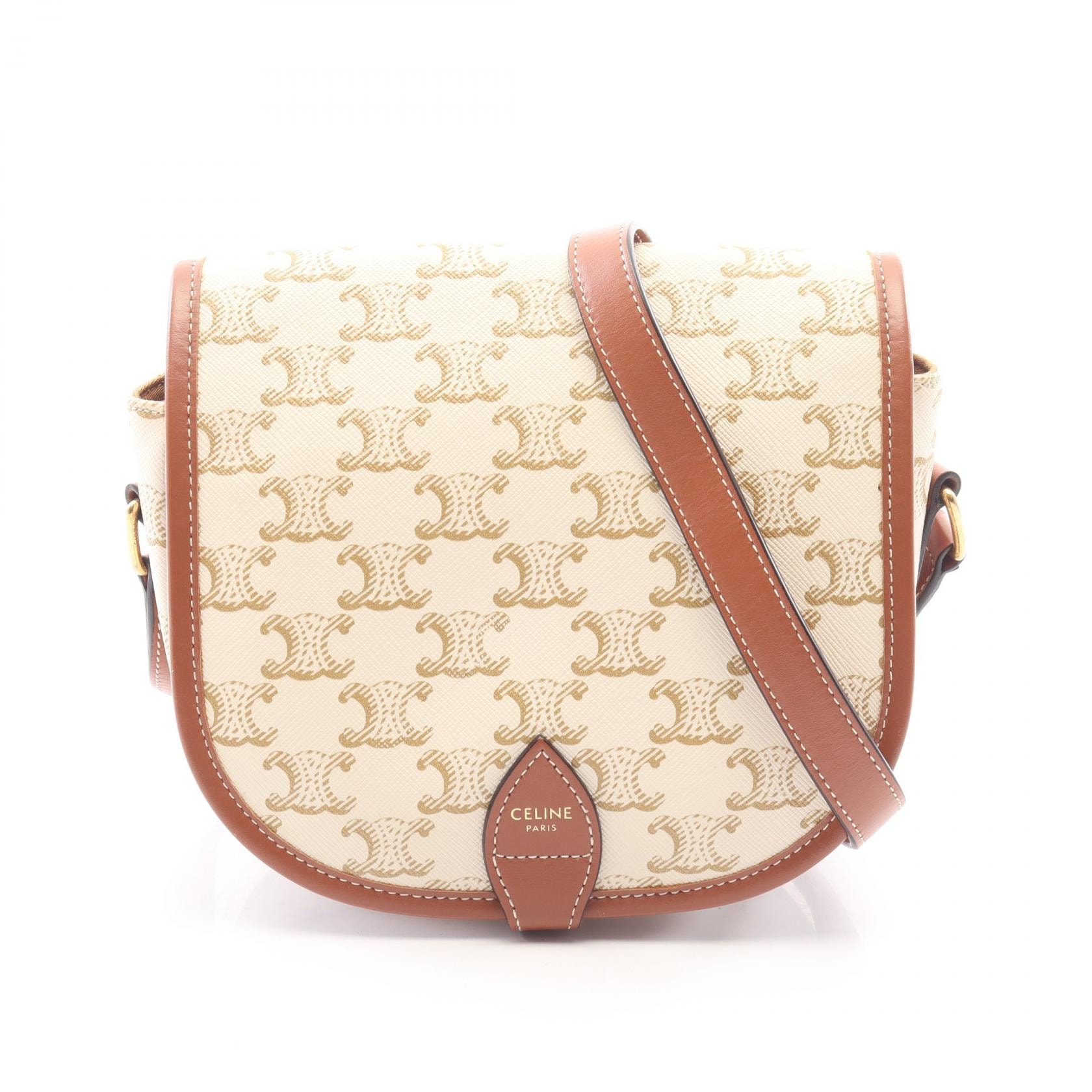 セリーヌ CELINE フォルコ ミディアムバッグ トリオンフ ショルダーバッグ バッグ PVCコーティングキャンバス レザー レディース ホワイト系 / ブラウン系 191502 【中古】
