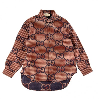 GUCCI グッチ 長袖シャツ マキシGG ギンガムチェック トップス アパレル 服 50 756842 レッド 赤 ベージュ ウール メンズ 秋 冬 美品【中古品】