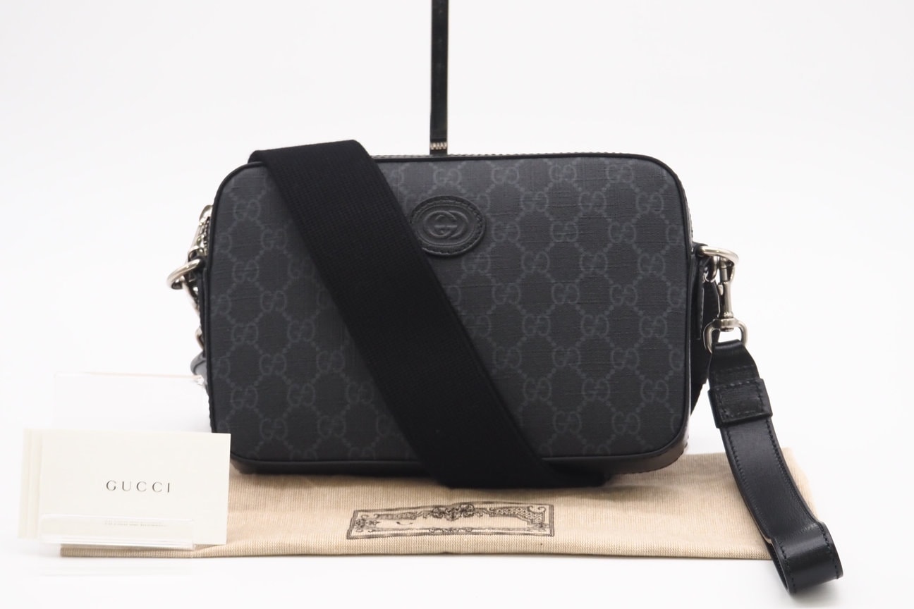 極美品 GUCCI グッチ GGスプリーム インターロッキングG クロスボディバッグ 703468 2wayショルダーバッグ ブラック グレー コーティングキャンバス メンズ