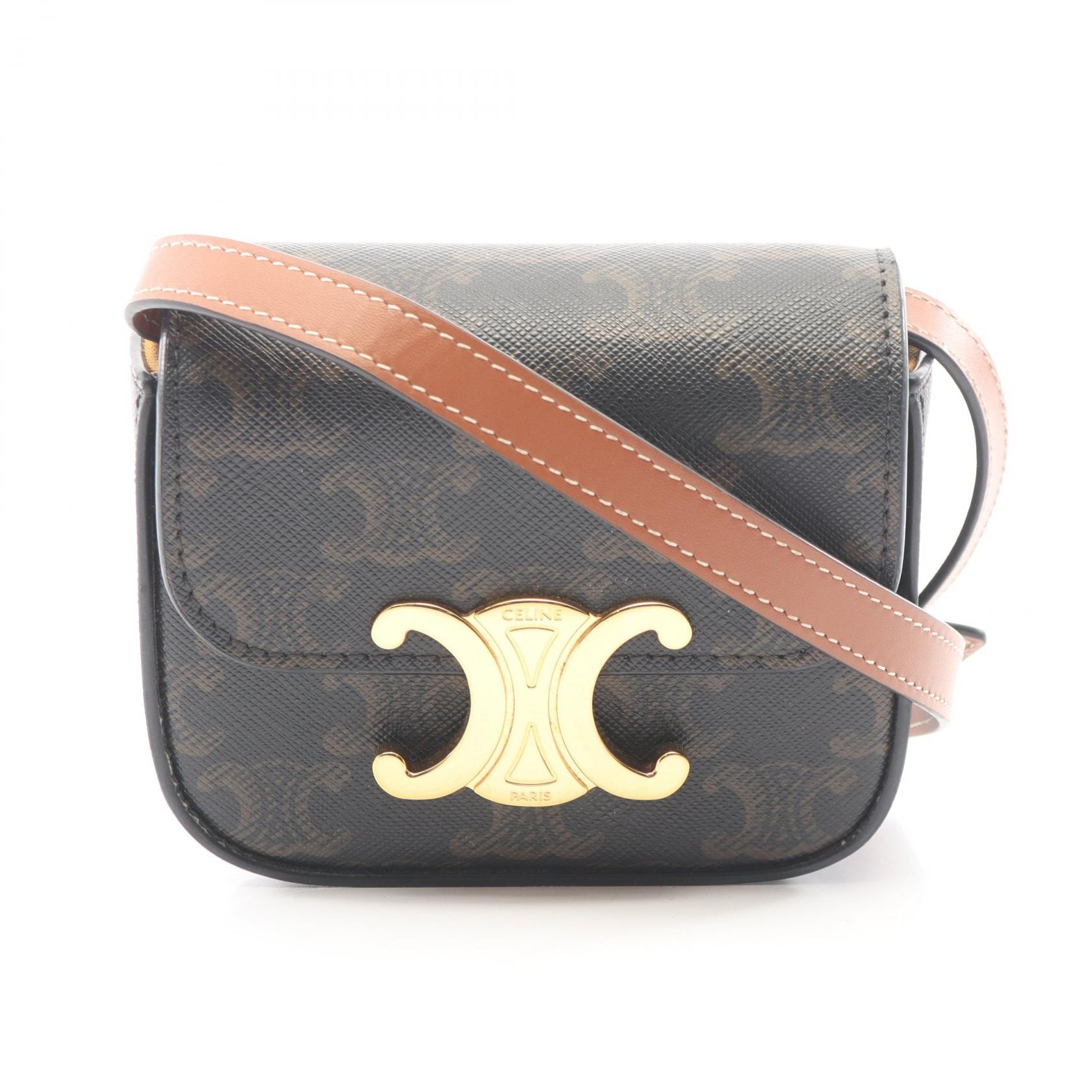 セリーヌ CELINE ミニクロード トリオンフ ショルダーバッグ バッグ PVCコーティングキャンバス レザー レディース ブラック系 / ブラウン系 【中古】