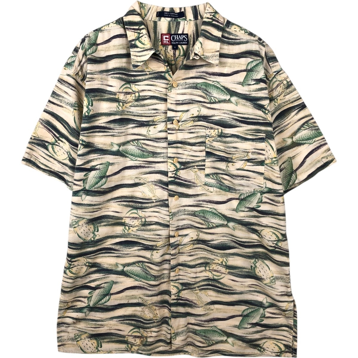 古着 ラルフローレン Ralph Lauren CHAPS チャップス 総柄 魚柄 半袖 オープンカラー コットンシャツ メンズM相当/eaa644889