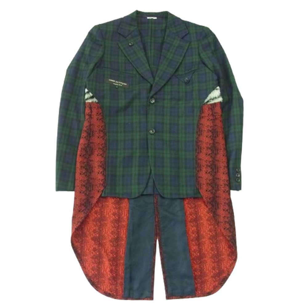 COMME des GARCONS HOMME PLUS コムデギャルソンオムプリュス ジャケット 18SS AD2017 PA-J026 燕尾 田素材切替 裏使い チェック柄 ロング ジャケット コート モスグリーン系 マルチカラー系 S【中古】