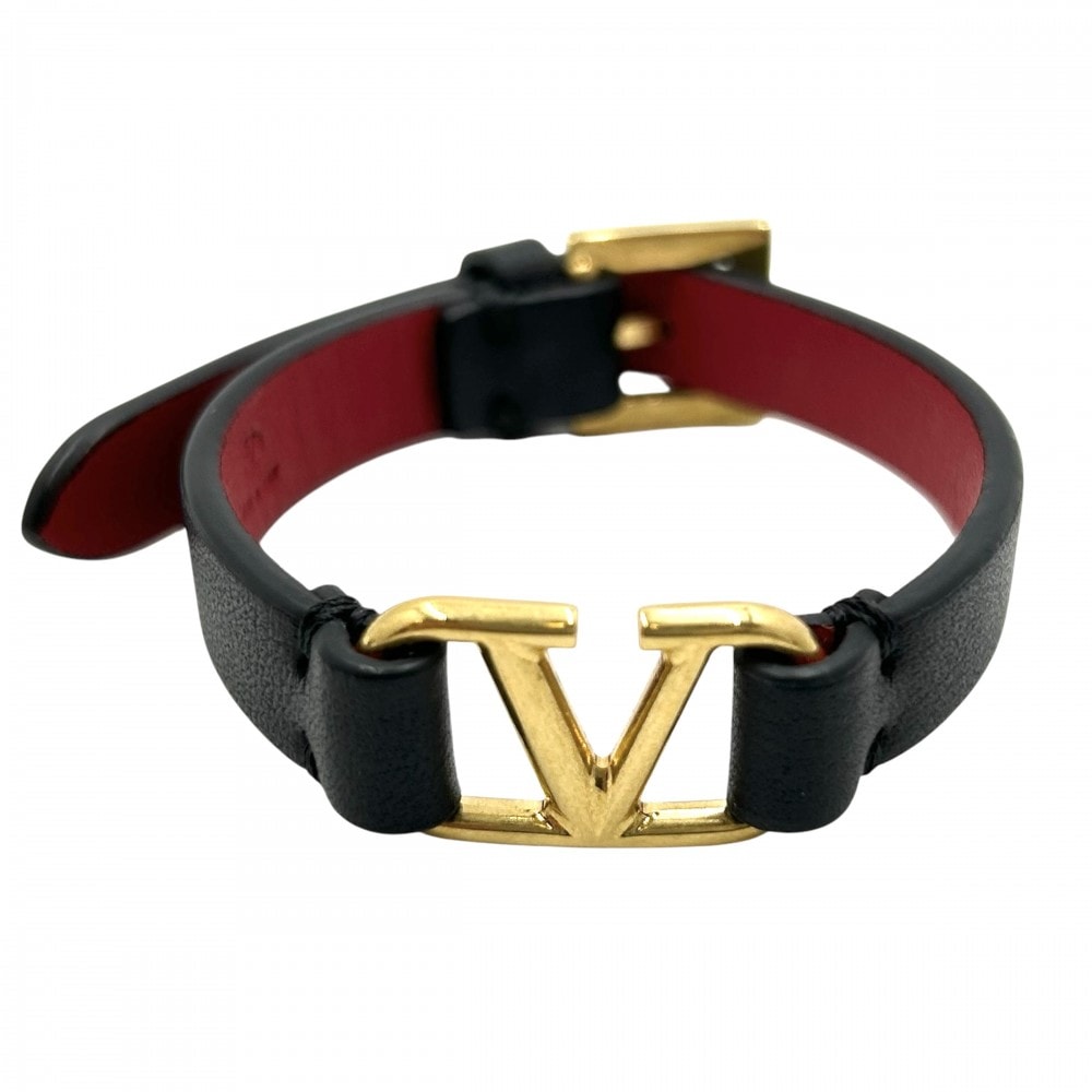 Valentino Garavani ヴァレンティノ・ガラヴァーニ ブレスレット Vロゴシグネチャー ベルト アクセサリー メンズ レディース 男女兼用 レザー ブラック 黒 レッド 赤 ゴールド金具 ユニセックス 約9.9g【中古品】