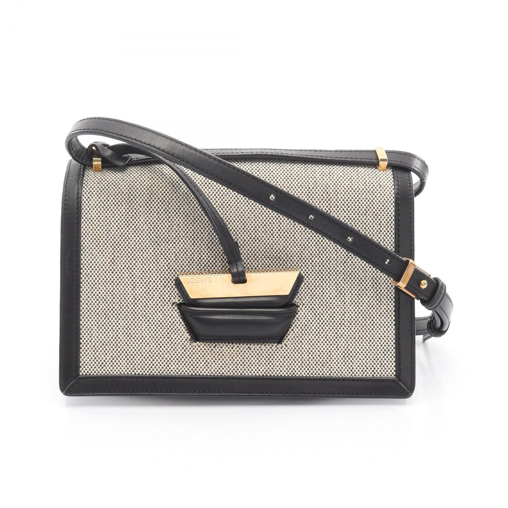 ロエベ LOEWE バルセロナ ショルダーバッグ バッグ キャンバス レザー レディース ブラック系 / アイボリー系 【中古】