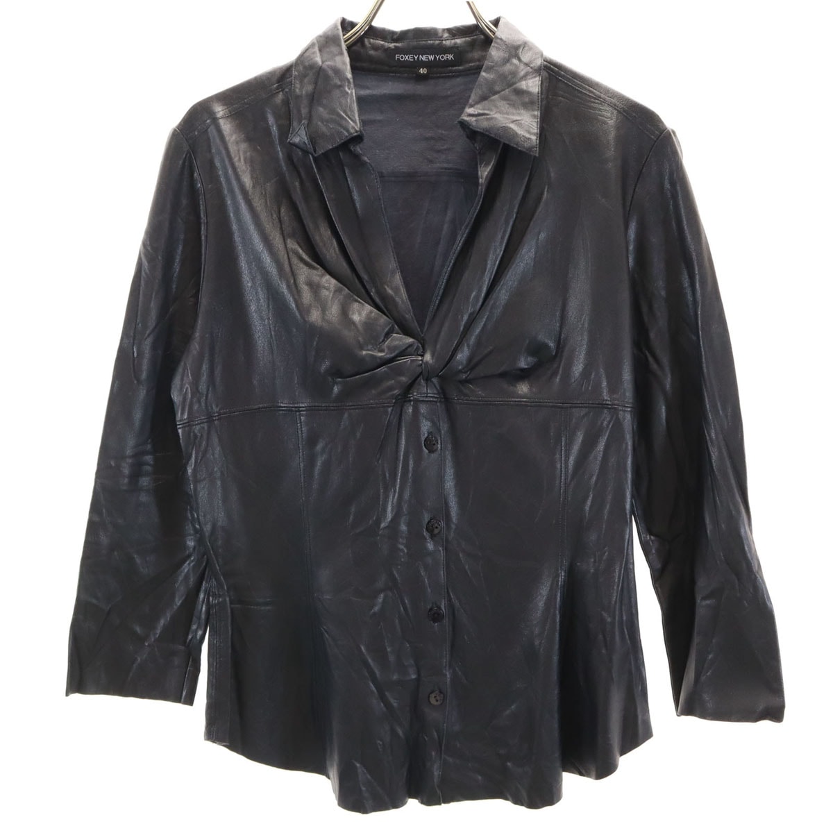 FOXEY NEW YORK フォクシーニューヨーク 長袖 フェイクレザー シャツ 40 ブラック プルオーバー