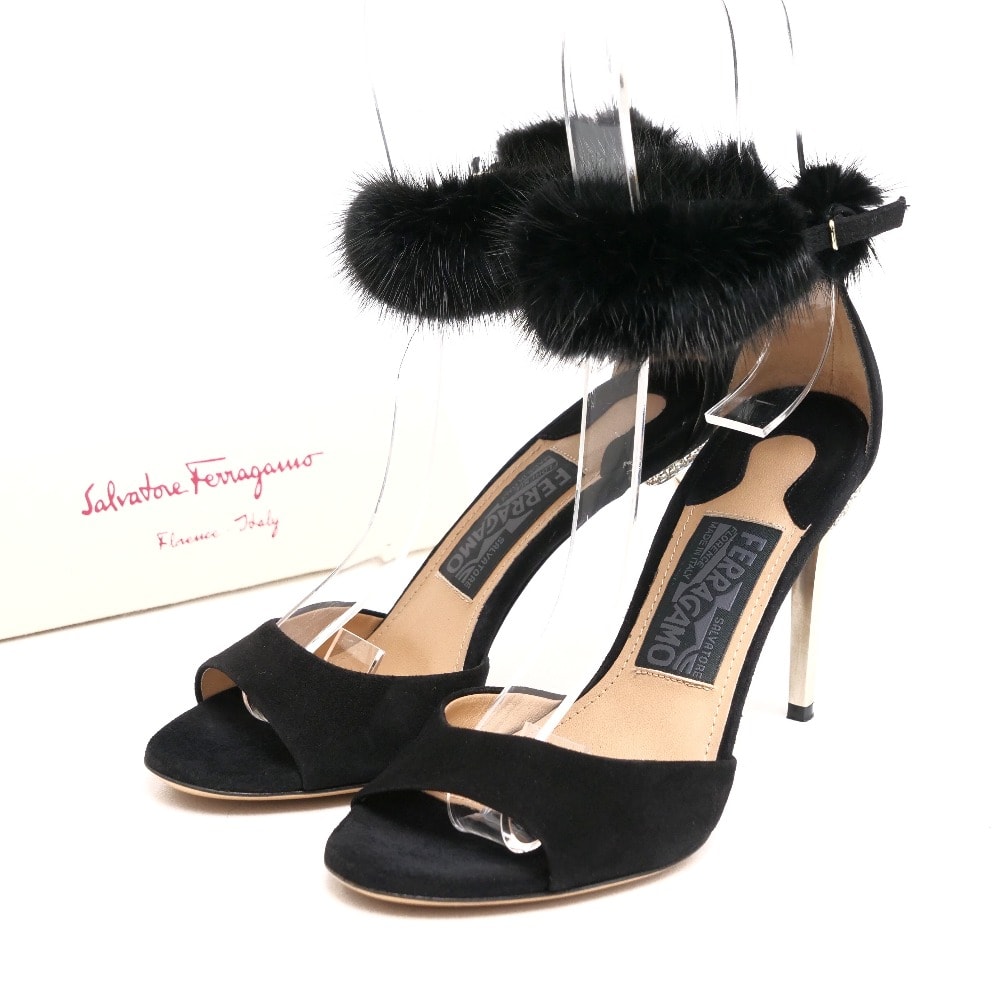 Salvatore Ferragamo サルヴァトーレフェラガモ サンダル サイズ5C ミンクファー装飾 アンクルストラップ パンプス靴 イタリア製 ブランド古着【中古】20250523/RA4912