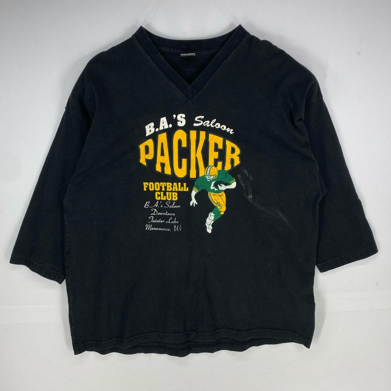 古着 フルーツオブザルーム FRUIT OF THE LOOM 長袖Tシャツ Vネック PACKERS 片面プリントデザイン XL  ブラック系 プリント メンズ