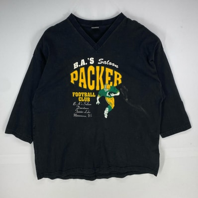 古着 フルーツオブザルーム FRUIT OF THE LOOM 長袖Tシャツ Vネック PACKERS 片面プリントデザイン XL ブラック系 プリント メンズ