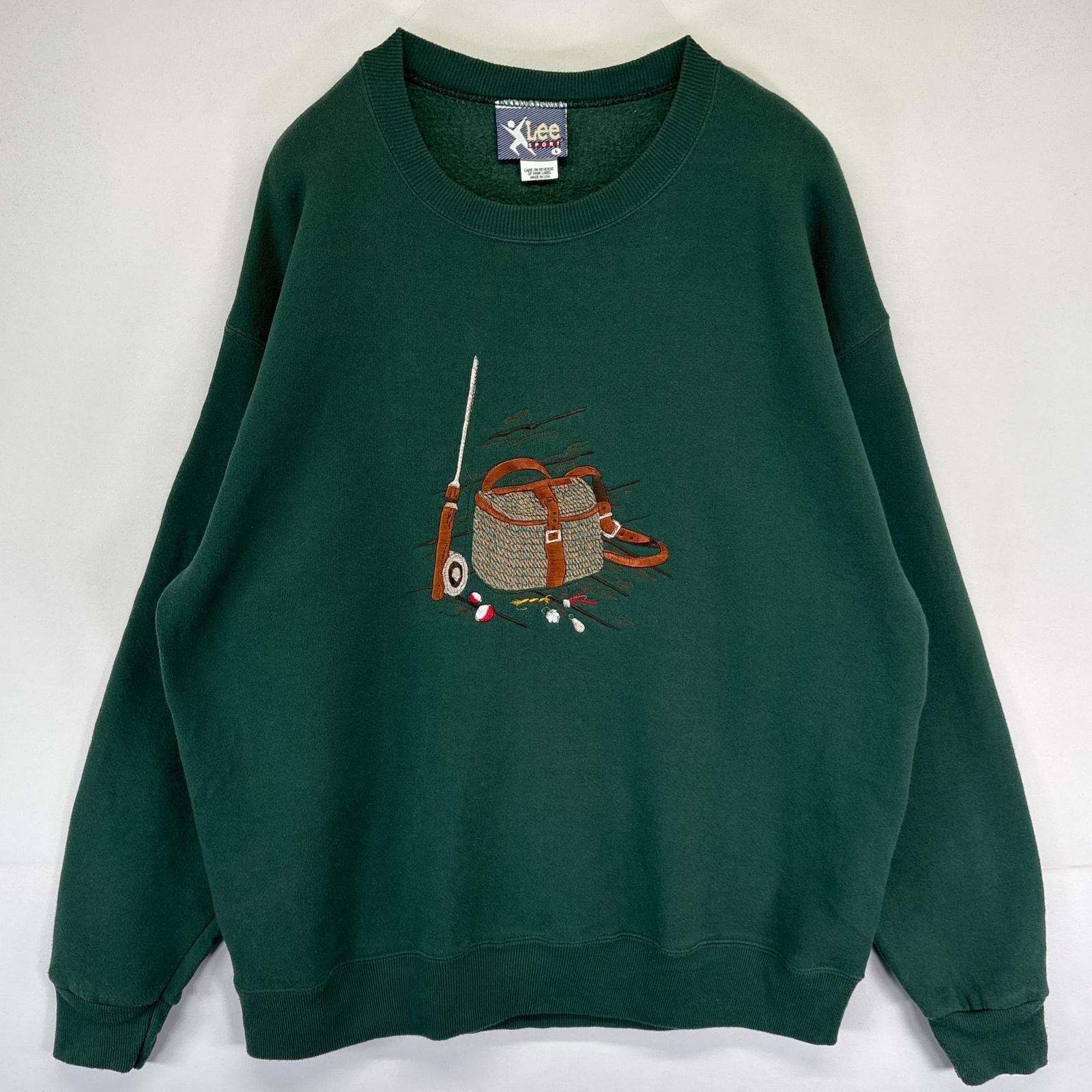 古着 90's/90年代 リー Lee USA製 スウェット クルーネック プルオーバー アウトドア刺繍 L  グリーン系 メンズ